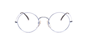 Timeless round frame in delicate blue metallic with colored glass rim in light blue