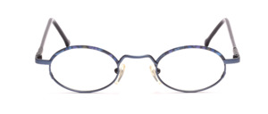 Metallic blue frame with blue patterned glass rim above