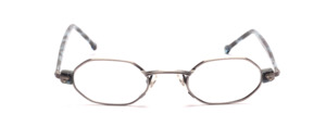Kleine 8-eckige Brillenfassung in Antiksilber mit grau-blauen Acetatbacken und überzogenen Bügeln