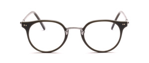 Acetate eyeglasses in panto shape in olive green with chased silver metal bridge