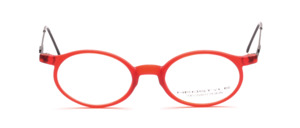 Federleichte ovale Brillenfassung aus matt rotem Acetat mit schwarzen Metallbügeln