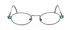 Green metal frame with purple-black patterned glass rim