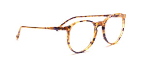 Timeless Panto Frame with keyhole bridge and top-mounted temples in amber brown patterned with purple-colored inclusions