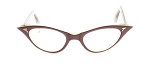 Classic 50s Cateye Frame by Selecta, made of 3 layers of acetate in brown, white and transparent with decorative rivets on the front and on the temples