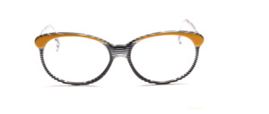 Moderne Butterfly Brillenfassung in Transparent - Schwarz gestreiftem Acetat mit Gelb aufgesetzten Farbakzenten
