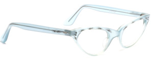 50er Jahre Vintage Cat Eye Brille in Hellblau mit Gravur und weißen Straßdekor vorne und an den Bügeln