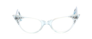 50s vintage cat eye frame in delicate light blue with engraving and rhinestone decor on the front and on the temples