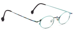 Turquoise blue metal frame with colorful decor on the front and on the temples