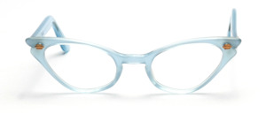 50s Cat Eye frame in light blue with gold studs <br />
at the front and on the temples