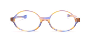 Thin-edged oval acetate frame in transparent yellow and blue patterned