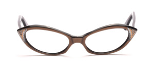 1960s black Acetate women's frame with a golden brown finish and subtle décor on the sides