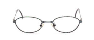 Almost oval metal frame with metallic green with green patterned glass rim