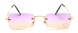 Gold drill set with purple apricot gradient discs with white rhinestone heart on the right glass