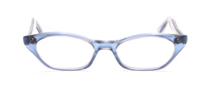Sixties eyeglasses in a hinted cat eye shape in transparent blue with decorative rivets on the middle part