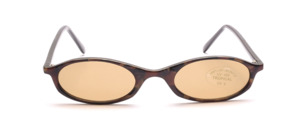 Small brown-gold patterned sunglasses with brown discs