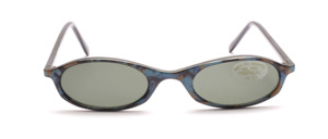 Small blue-brown patterned sunglasses with gray discs