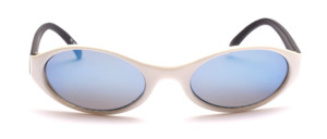 Fashionable oval outdoor sunglasses in white with black temples and gray blue mirrored lenses