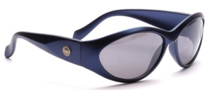 Deep blue sunglasses with silver metal trim on the wide temples