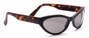 Black plastic sunglasses with tortoiseshell colored straps