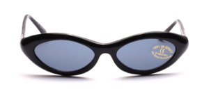Black retro sunglasses in the style of the 60s with pretty patterned straps and silver strap stop