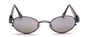 Oval metal sunglasses in dark blue with black plastic hangers