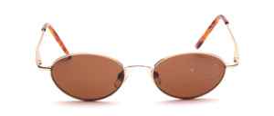 Metal sunglasses in gold with brown lenses and slightly flared arms with flex hinge