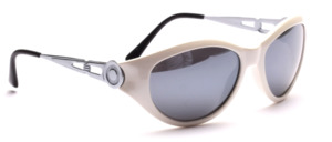White sunglasses with silver metal hangers and silver mirrored lenses
