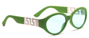 Funky green sunglasses with silver details in the strap