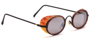 Small oval sunglasses in black-gold-brown patterned with indicated side protection