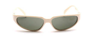 Sporty white sunglasses with green discs