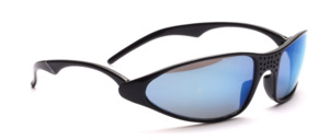 Sporty, light outdoor sunglasses in black with gray, blue mirrored lenses