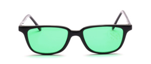 Black plastic sunglasses in black with green discs