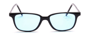 Black plastic sunglasses in black with blue discs