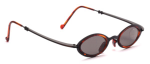 Small black metal sunglasses with brown plastic inlays and slightly flared temples