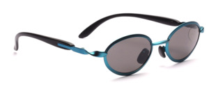 Oval metal sunglasses in metallic turquoise blue with black plastic temples