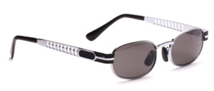 Silver sunglasses with black accents and slightly raised lenses