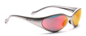 Sport sunglasses with frosted surface in silver with red mirrored discs