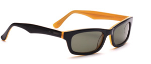 Black plastic sunglasses with a sun yellow inside
