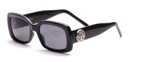 Black retro sunglasses with wide arms and silver metal emblem