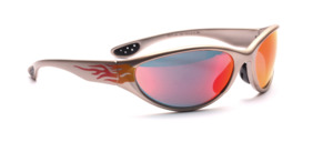 Matt gold sport sunglasses with flame decor on the sides