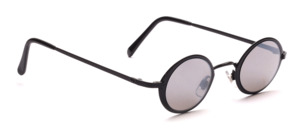 Oval metal sunglasses in black with gray, slightly silver mirrored lenses