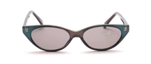 Small cat eye sunglasses in green-gold gradient with gray lenses