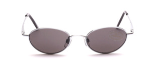 Metal sunglasses in silver with gray lenses and slightly flared arms with flex hinge