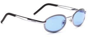 Oval metal sunglasses with practical flex hinge and blue lenses
