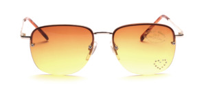 Half-rim goggles with brown gradient discs and a white stress heart on one side