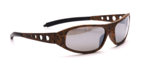 Sporty sunglasses in gold-black patterned with gray silver mirrored lenses