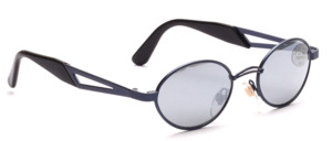 Oval metal sunglasses in blue with slightly silver mirrored discs