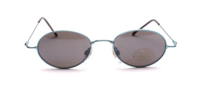 Stainless steel sunglasses in light blue with gray discs and slightly flared temples