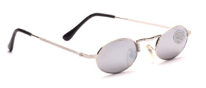 Silver sunglasses with gray, silver mirrored lenses