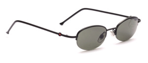 Small black half rim glasses with green discs